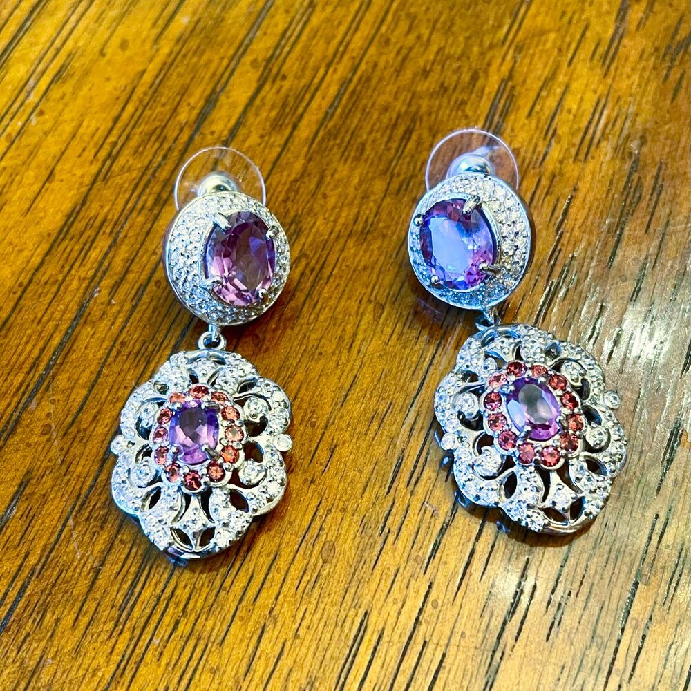 New Purple Amethyst, Orange Sapphire and White Sapphire Sterling Silver Earrings